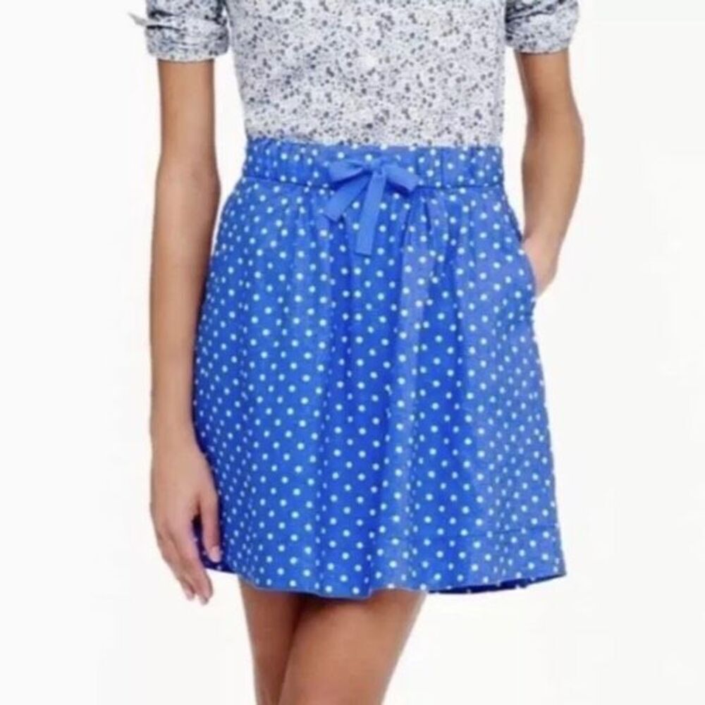 J CREW Mini Skirt Blue White Linen Polka Dot Drawstring Size 8 Pull on Feminine